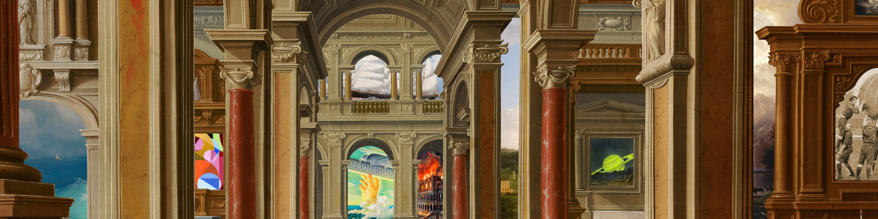 A classical painting depicting an ornate interior with grand arches, columns, and warm stone walls, with small colorful details including framed art and stained-glass-like panels.